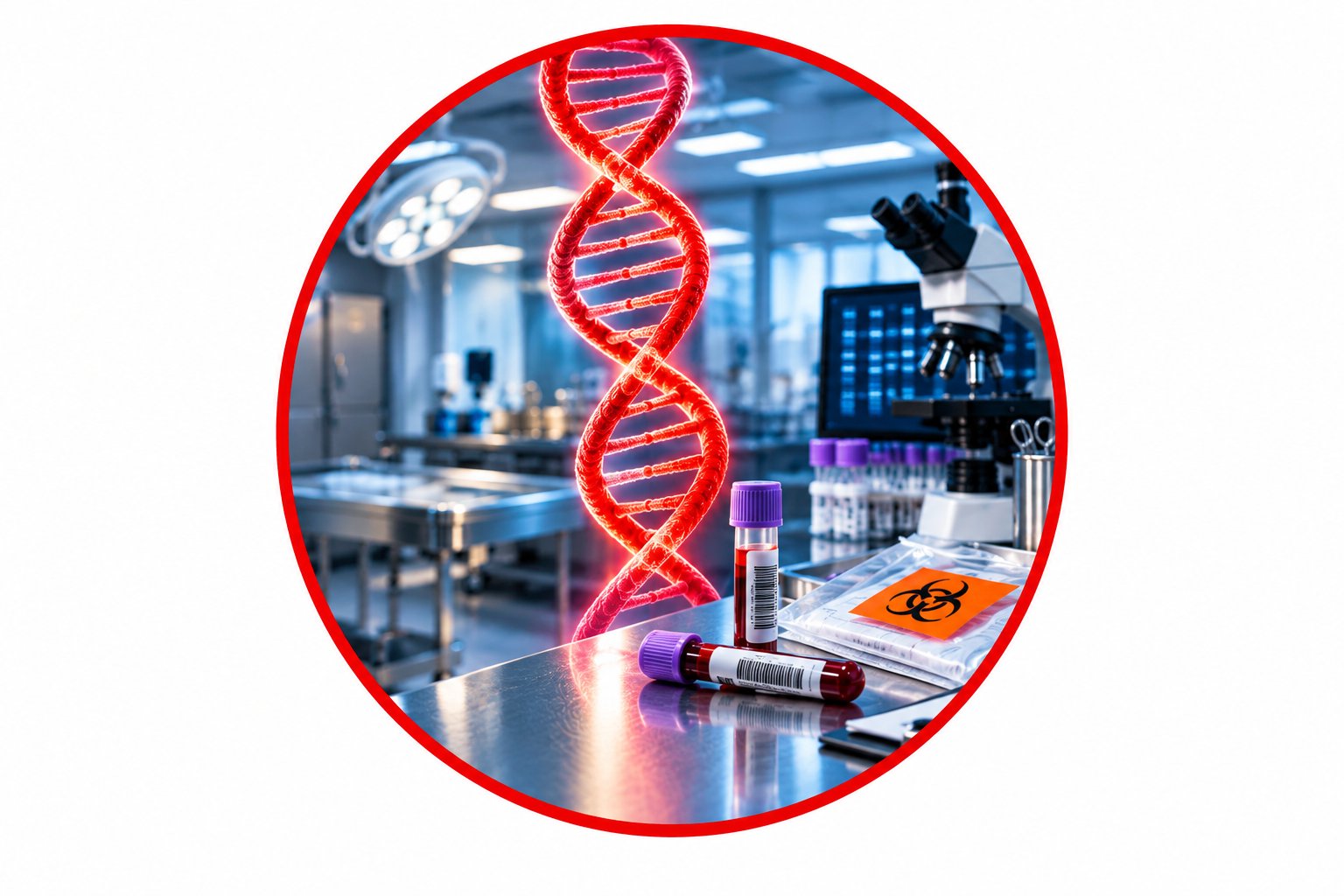 Red DNA double helix glowing in a clinical laboratory with sealed specimen tubes