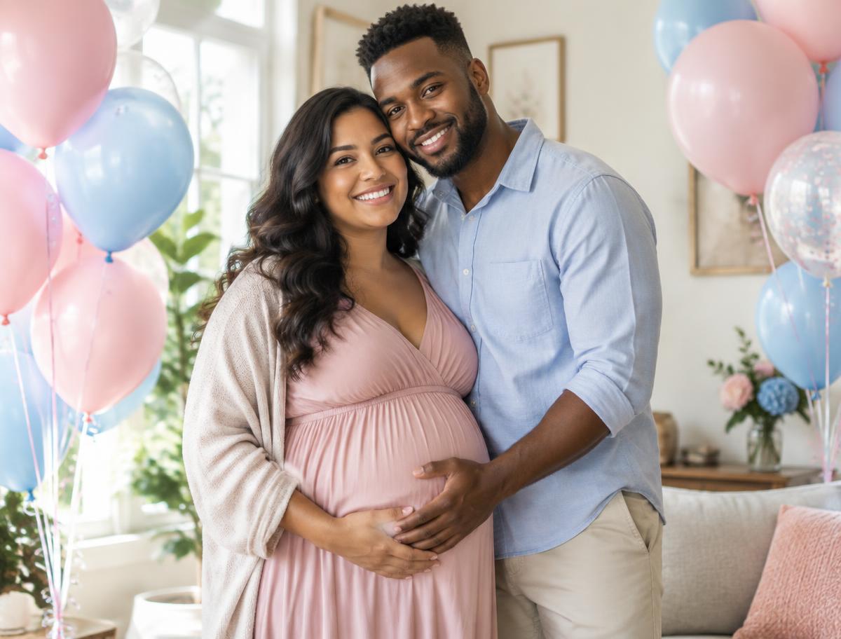 Expecting couple standing among pink and blue balloons