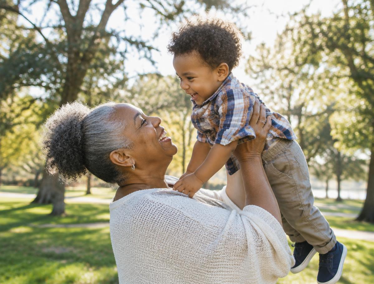 Grandparent lifting a young grandchild
