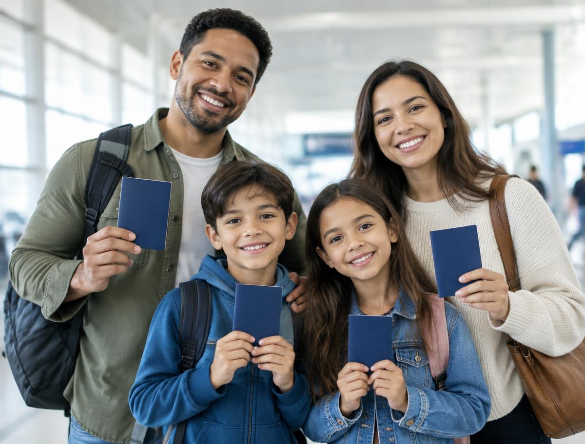 Family holding passports together