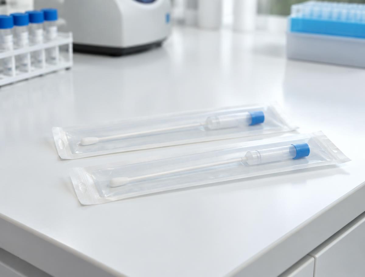 Two sterile DNA sample swab kits on a laboratory counter
