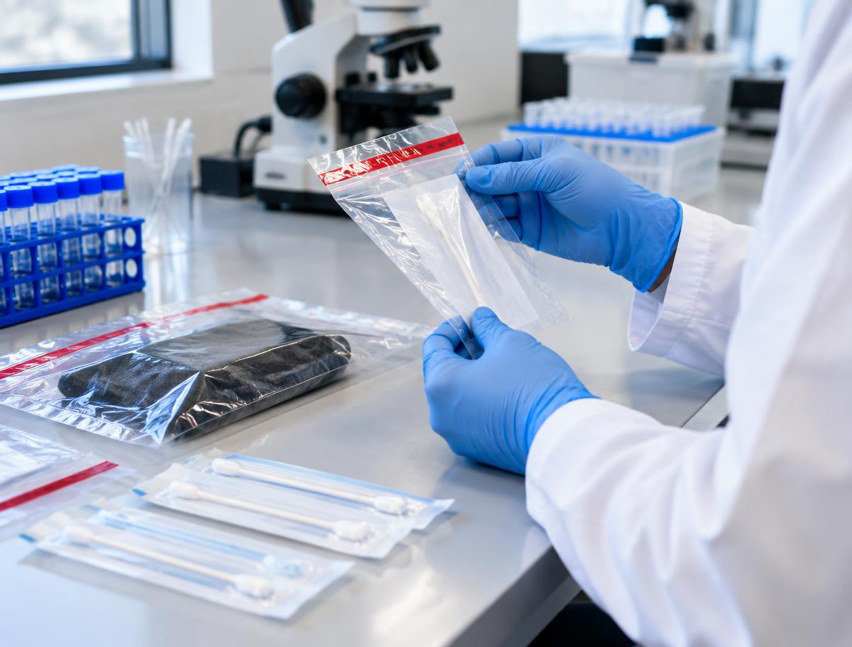Gloved forensic technician examining sealed evidence at a laboratory bench