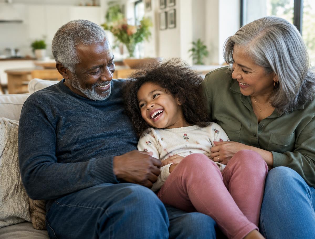 Two grandparents spending time with their grandchild