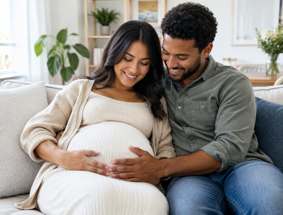 Expecting couple smiling with their hands on the mother's belly