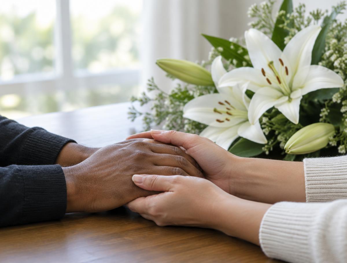 Hands held in comfort beside white memorial flowers