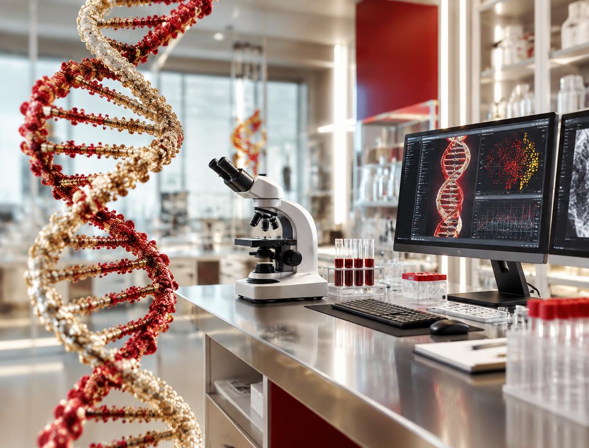 DNA double helix and laboratory analysis workstation