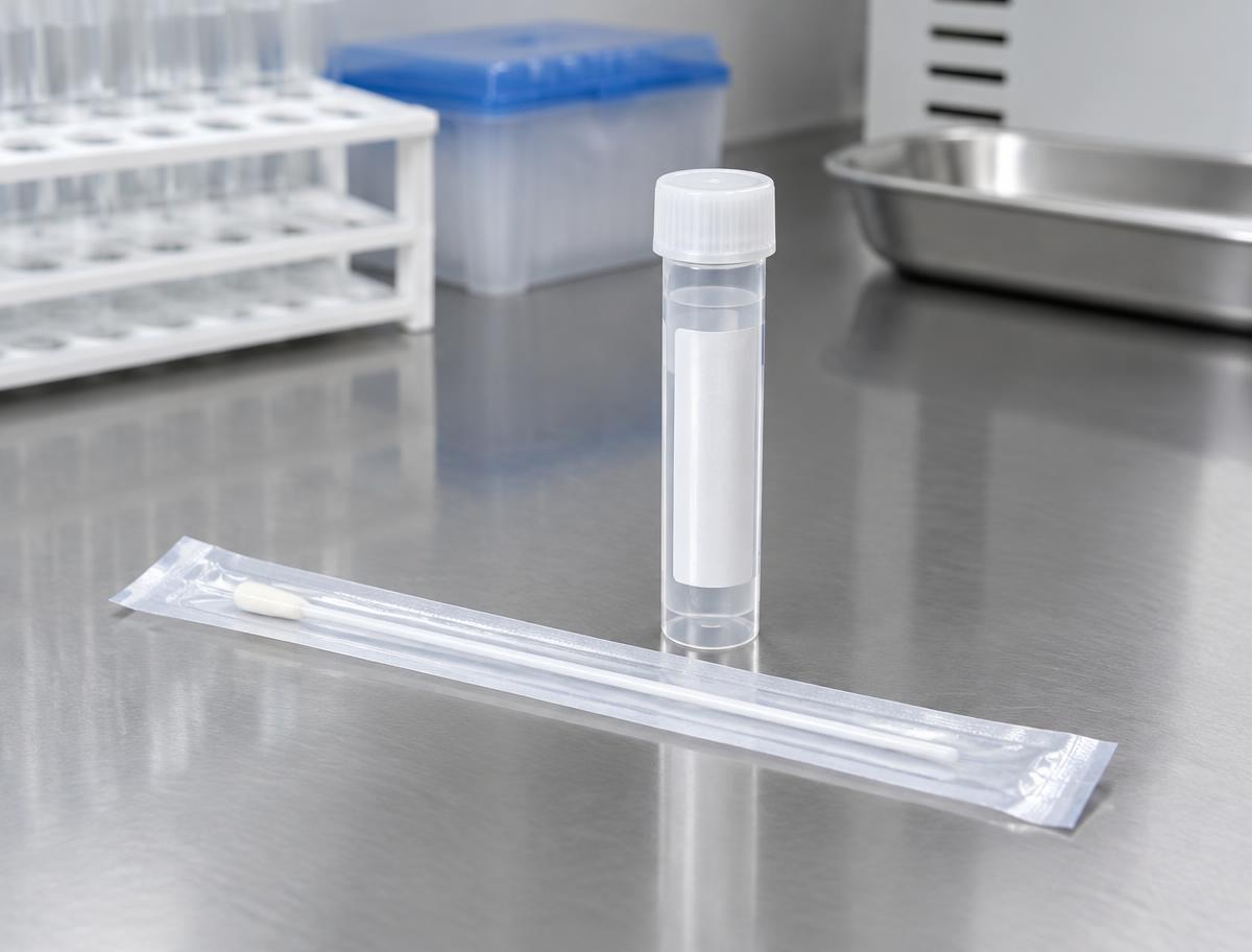 Sealed specimen vial and sterile collection swab in a laboratory