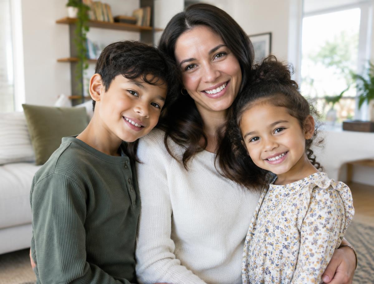 Two young siblings with their mother