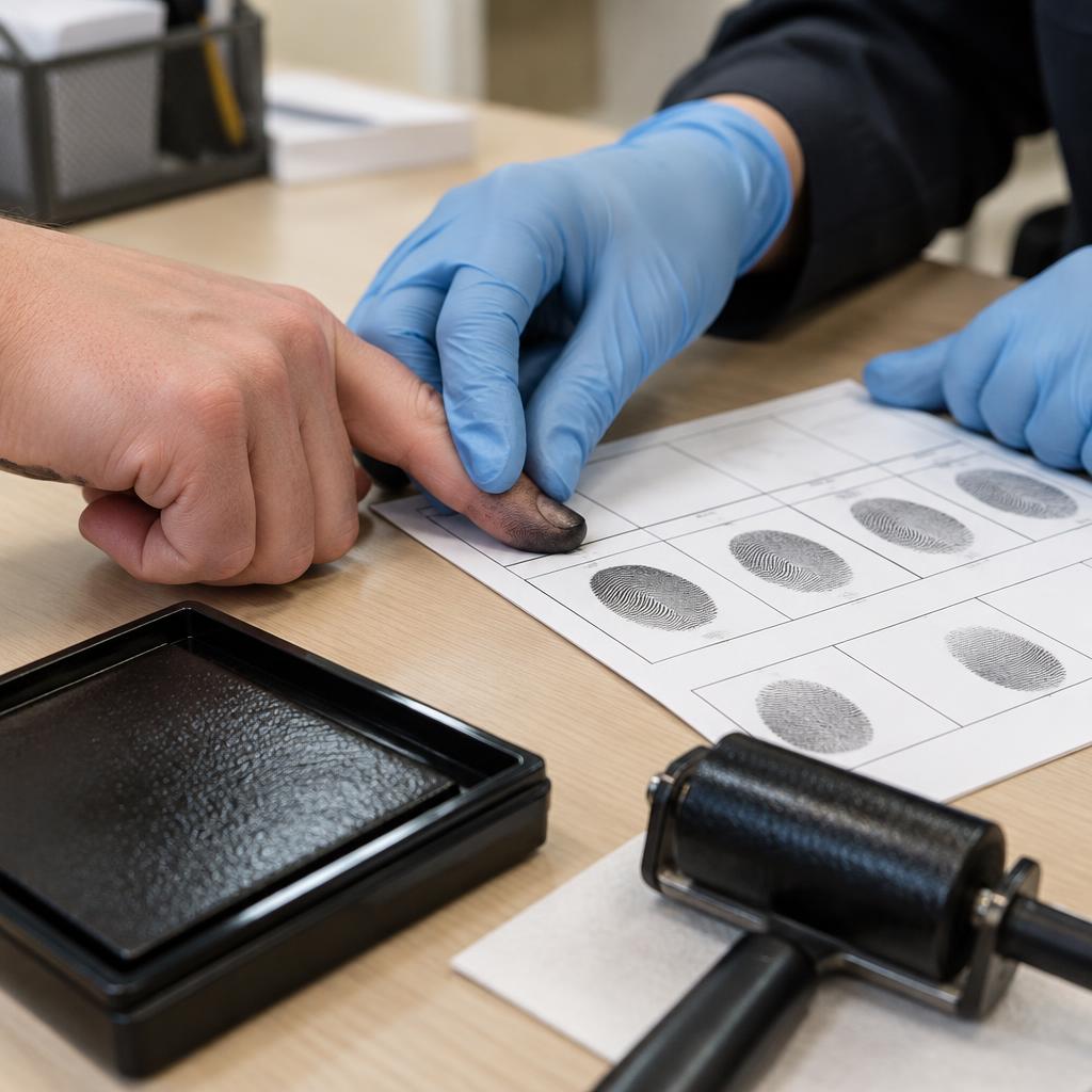 Technician rolling an inked fingertip onto a fingerprint card